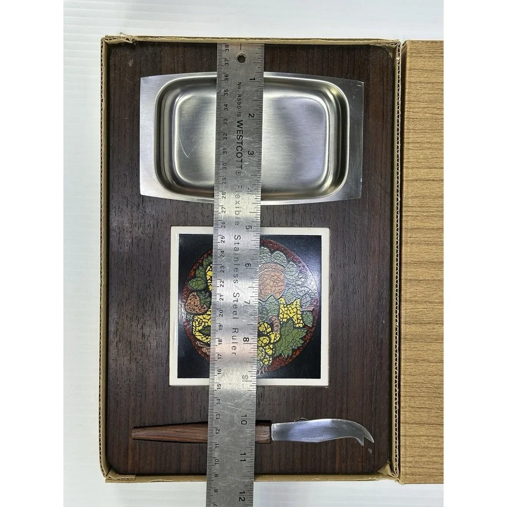Vintage 1970s Wooden Cheese‎ Board Knife Ceramic Tile Metal Tray Never Used NIB